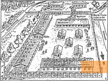 Image: Reconstruction of the Sasel satellite concentration camp according to eye-witness reports, drawing by W. Kurtz